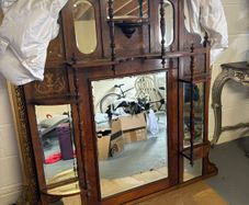 Large Victorian Aesthetic Movement Oak Overmantel Mirror with Shelves & Marquetry Inlay c.1880