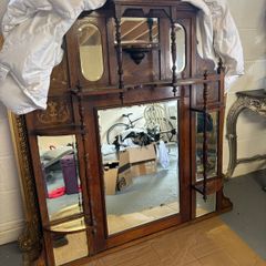 Large Victorian Aesthetic Movement Oak Overmantel Mirror with Shelves & Marquetry Inlay c.1880