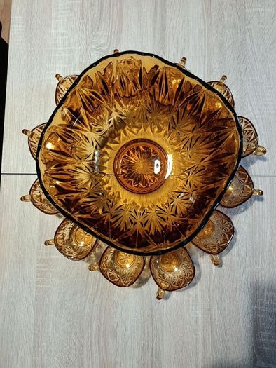 Vintage Amber Glass Punch Bowl Set