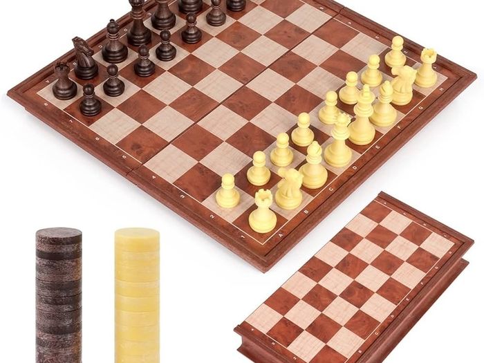 NEW SALE | Chess Set and Draughts Board Games 2 in 1 | Magnetic Chess Checkers Board Toys | Travel Folding Board and Chess Piece for Kids and Adult (25x25cm)