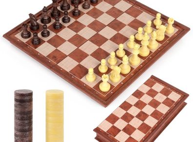 NEW SALE | Chess Set and Draughts Board Games 2 in 1 | Magnetic Chess Checkers Board Toys | Travel Folding Board and Chess Piece for Kids and Adult (25x25cm)