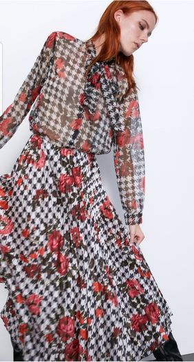 Zara blouse top printed floral houndstooth rose bow tie S