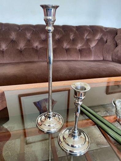 Pair of Slender 19th Century Style Silver Chrome Metal Candlesticks