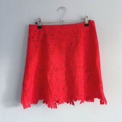 Pre Owned River Island Red Guipure Lace Mini Skirt Scalloped Hem
