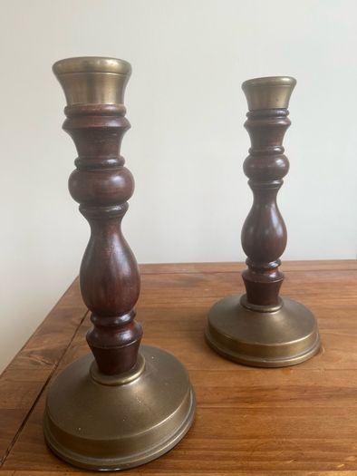 vintage wood turned and brass candlestick holders