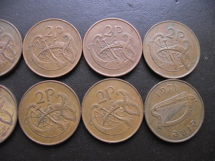10 Irish 2 pence coins (1971-1996)