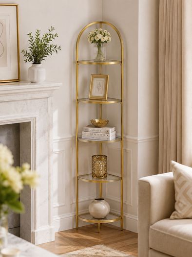 5-Tier Glass Corner Shelf  Modern Corner Display Unit with Tempered Glass Shelves for Living Room, Bathroom, Bedroom & Office