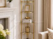 Corner shelf with 5 levels  corner shelf with 5 levels, bookcase, stand shelf, metal frame, tempered glass shelves, stainless steel, living room, bedroom, kitchen, bathroom, modern, gold-coloured