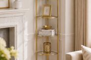 Corner shelf with 5 levels  corner shelf with 5 levels, bookcase, stand shelf, metal frame, tempered glass shelves, stainless steel, living room, bedroom, kitchen, bathroom, modern, gold-coloured