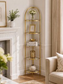 Corner shelf with 5 levels  corner shelf with 5 levels, bookcase, stand shelf, metal frame, tempered glass shelves, stainless steel, living room, bedroom, kitchen, bathroom, modern, gold-coloured