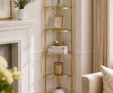 Corner shelf with 5 levels  corner shelf with 5 levels, bookcase, stand shelf, metal frame, tempered glass shelves, stainless steel, living room, bedroom, kitchen, bathroom, modern, gold-coloured