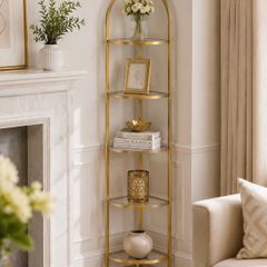Corner shelf with 5 levels  corner shelf with 5 levels, bookcase, stand shelf, metal frame, tempered glass shelves, stainless steel, living room, bedroom, kitchen, bathroom, modern, gold-coloured