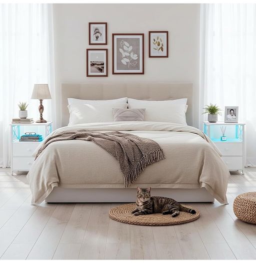 Bedside Table Set of 2, Side Table with Charging Station and Led Lights