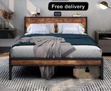 King Size Bed Frame with Storage Wooden Headboard