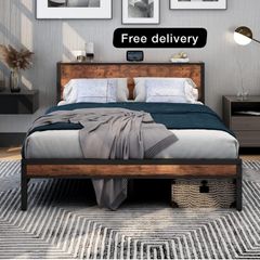 King Size Bed Frame with Storage Wooden Headboard