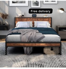 King Size Bed Frame with Storage Wooden Headboard