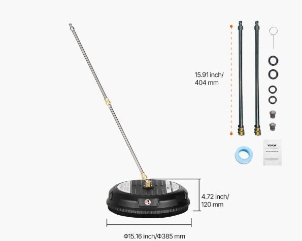 15 Pressure Washer Surface Cleaner, Plastic Pressure Washer Attachments with 4 Wheels, 4000 Max PSI, 1/4 Quick Connector, 2 Spray Nozzles, 2 Extended Wands for Driveway, Sidewalk, Patio, Deck