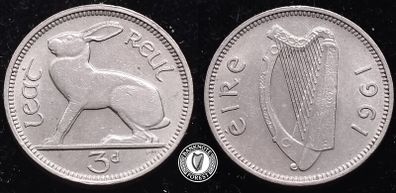 [#640] - Ireland 1961 | Irish 3d | Three Pence | Hare | KM.12a