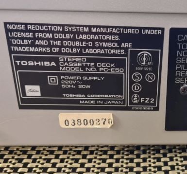 From 1980 Toshiba PC-E50 cassette deck, working good, Made in Japan.