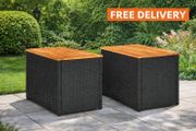 Garden Side Table  Set of 2 Poly Rattan &amp; Wood Coffee Tables