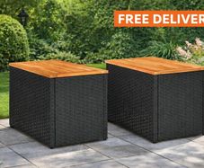 Garden Side Table  Set of 2 Poly Rattan & Wood Coffee Tables