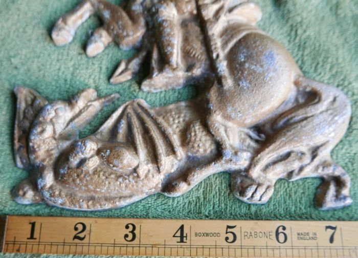 Vintage Aluminum Warrior Killing The Dragon Horseman Fighting With Dragon Reliev Figurine 9" X 7,5"