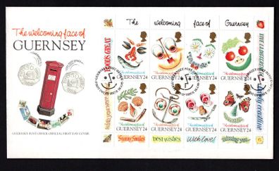 1995 Guernsey Greetings Stamps; The Welcoming Face of Guernsey Commemorative Stamps Miniature Sheet Official First Day Cover (FDC)