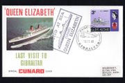1968 Gibraltar Cover Celebrating Cunard Last Visit of Gibraltar by Queen Elizabeth Cover with with Gibraltar Paquebot cancel with separate cancel posted at Sea Cunard Queen Elizabeth
