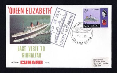 1968 Gibraltar Cover Celebrating Cunard Last Visit of Gibraltar by Queen Elizabeth Cover with with Gibraltar Paquebot cancel with separate cancel posted at Sea Cunard Queen Elizabeth