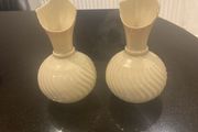Pair of Beleek Irish wear vases  with a pale pink and a gold trim