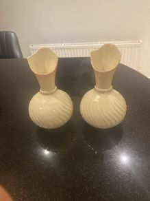 Pair of Beleek Irish wear vases  with a pale pink trim