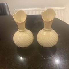Pair of Beleek Irish Parian wear based   with a pale pink trim