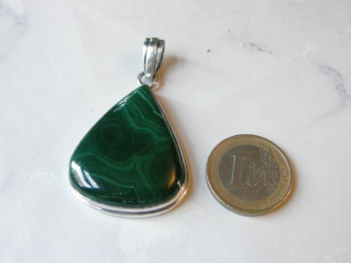 Large Modern Sterling Silver Malachite Teardrop Pendant 925 Hallmarked Birmingham 23.4g