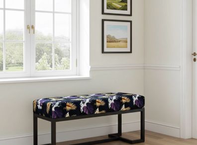Metal-Framed Bench Black & Gold Botanical Velvet with Black