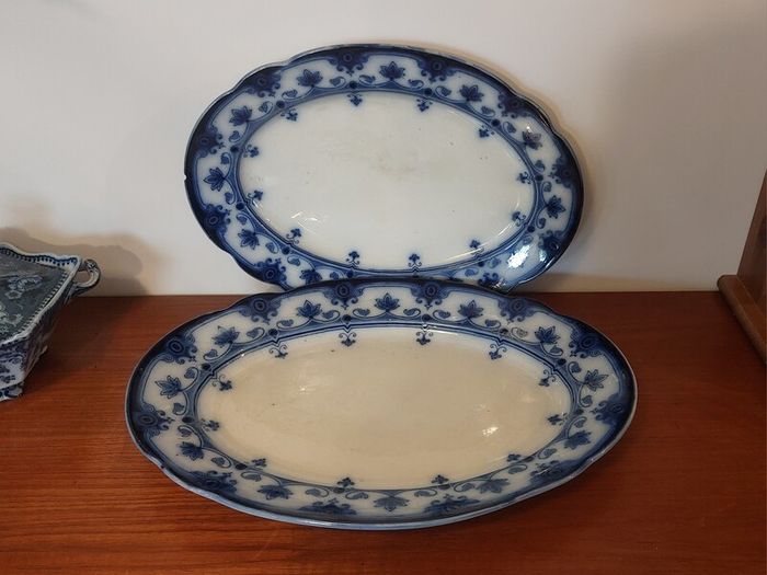 Fabulous Pair of Antique Flow Blue Victorian Graduated Platters, "Dudley" Pattern, by Ford & Sons, Burslem, Stoke-on-Trent, Circa 1893-1908, Perfect for Display