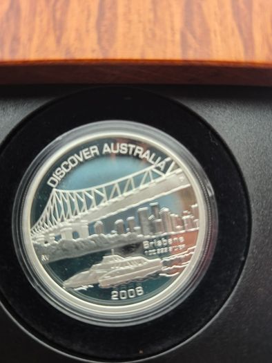 Australia 1 Dollar Discover Brisbane Harbor Ship Boat colored silver coin 2008
