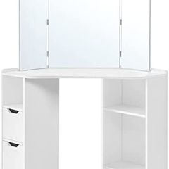 Dressing table, corner dressing table, dressing table, cosmetic table, 3-part folding mirror, 2 drawers, 3 open compartments, 110 x 54 x 140 cm, modern, white