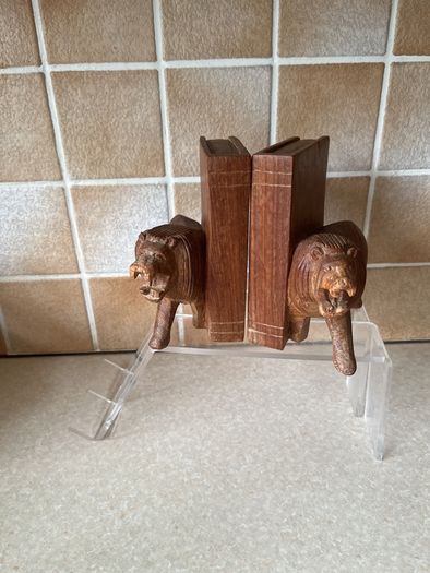 Handcarved Wooden Roaring Lions Bookends