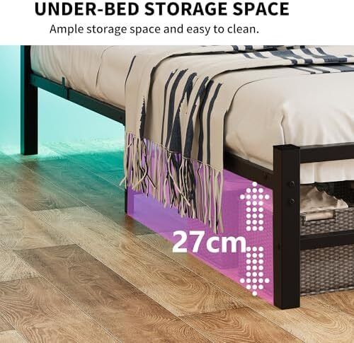 King Size Bed Frame with Storage Headboard, 5ft Upholstered Bed Frame Kingsize with Charging Station and LED Lights/Under Bed Storage