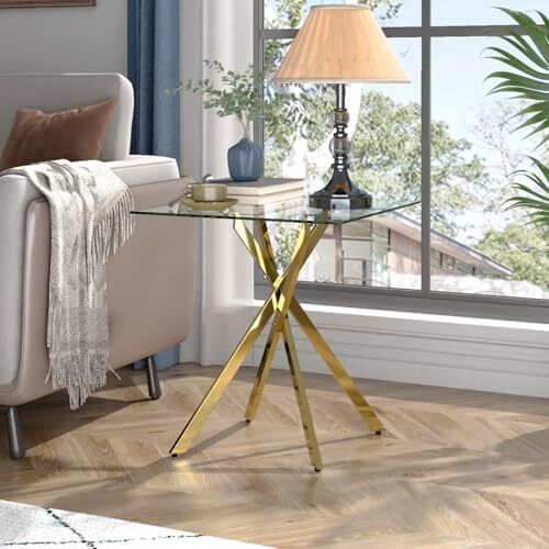 Small Glass Side Table with Gold Chrome Legs for Bedroom and Living Room