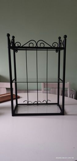 Metal mini shelving unit with glass shelves