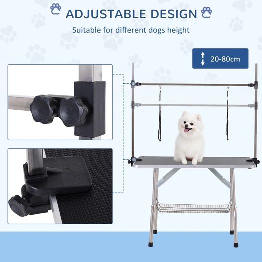42" Dog Grooming Table, Adjustable Pet Cat Drying Beauty Table with 2 Loops Storage Basket, Rubber Top, Black