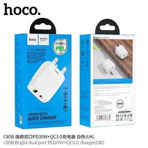 Hoco C85b Bright Dual Port Quick Wall Charger Pd20w + Qc3.0 Uk Plug Usb+c Port