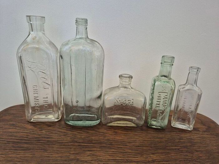 Beautiful Collection of 5 Antique & Vintage Glass Bottles c. 1890s 1930s