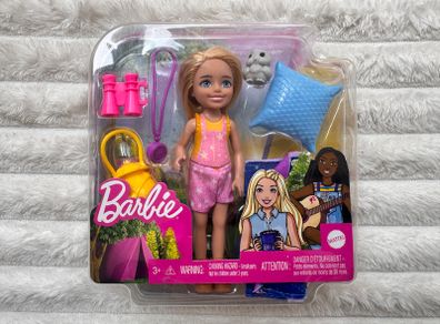 Mattel Barbie Chelsea Doll Blonde Camping Playset with Owl Sleeping Bag Damaged Box Please see photos