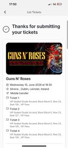 4 VIP Tickets to Guns n Roses with access to The Studio bar/restaurant