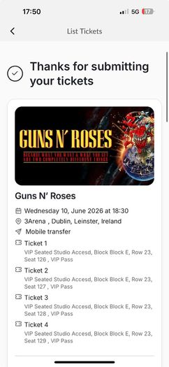 4 VIP Tickets to Guns n Roses with access to The Studio bar/restaurant