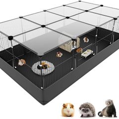 Rabbit Run, Hamster Playpen with Waterproof Bottom Liner, Small Animal Cage for Guinea Pig, Turtle, Hedgehog,Kitten Gerbil, Pet Fence for Indoor and Outdoor (Black with Cover)