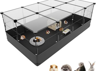 Rabbit Run, Hamster Playpen with Waterproof Bottom Liner, Small Animal Cage for Guinea Pig, Turtle, Hedgehog,Kitten Gerbil, Pet Fence for Indoor and Outdoor (Black with Cover)