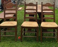 Set of 5 Antique solid oak wood ladder back dining chairs with original wicker seats